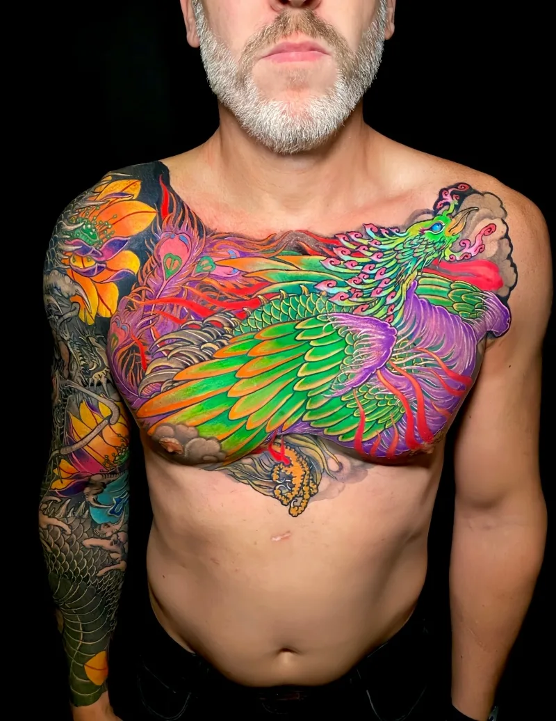 Chest Acid Colors Japanese peacock Tattoo done by Jess Yen