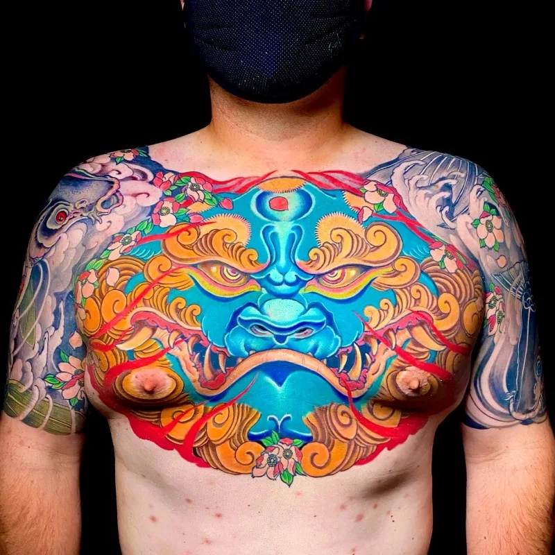 Colourful Chest Tattoo Dragon God done by Jess Yen