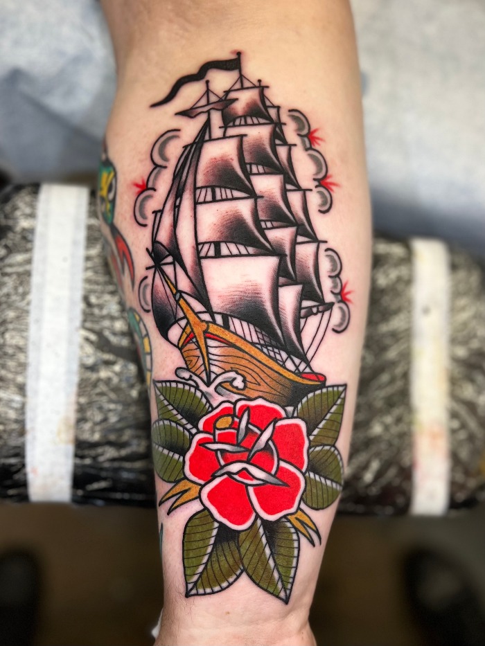 Myke Chamber Interview Traditional ship and rose tattoo